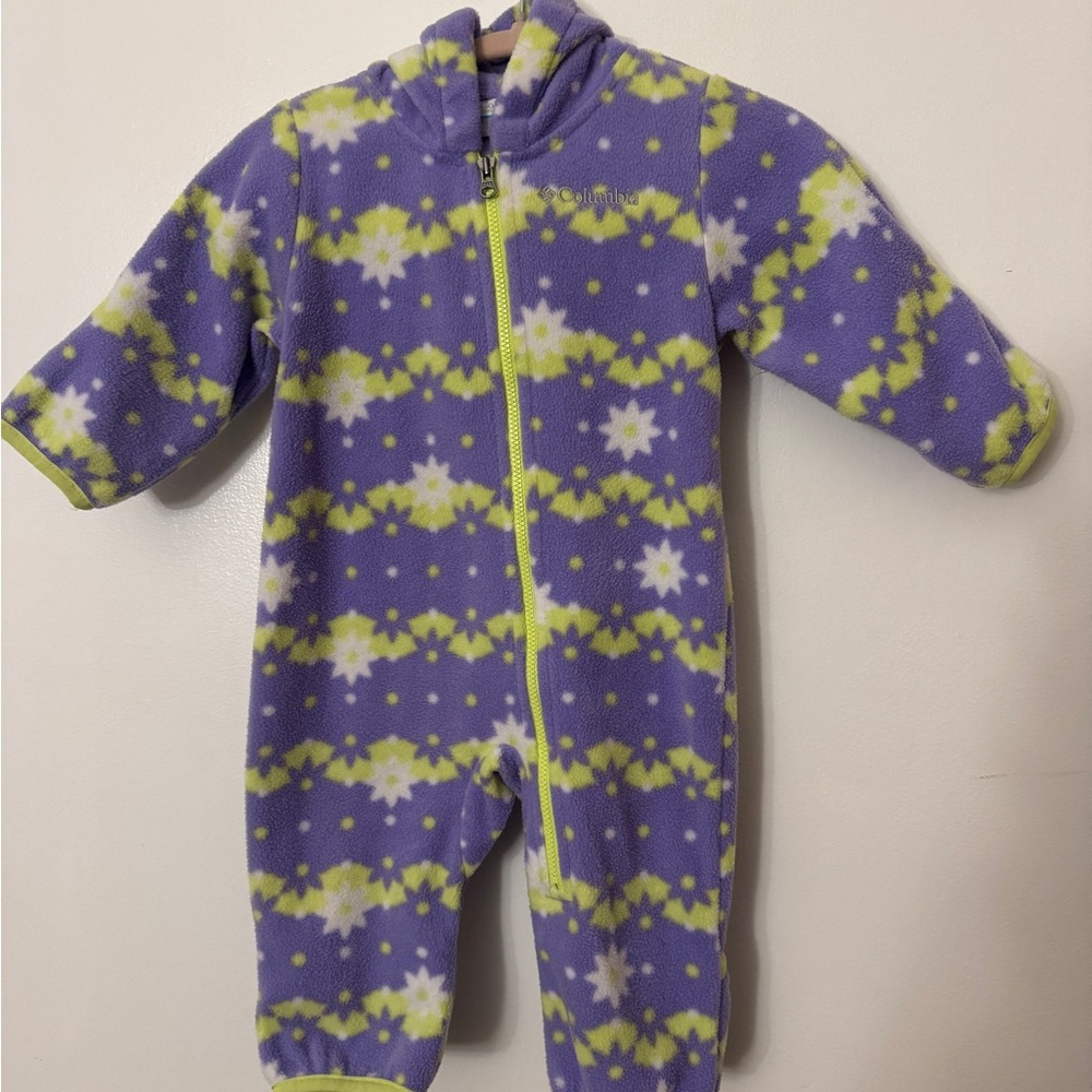 Columbia Purple and Lime Green Fleece Hooded Baby Jumpsuit